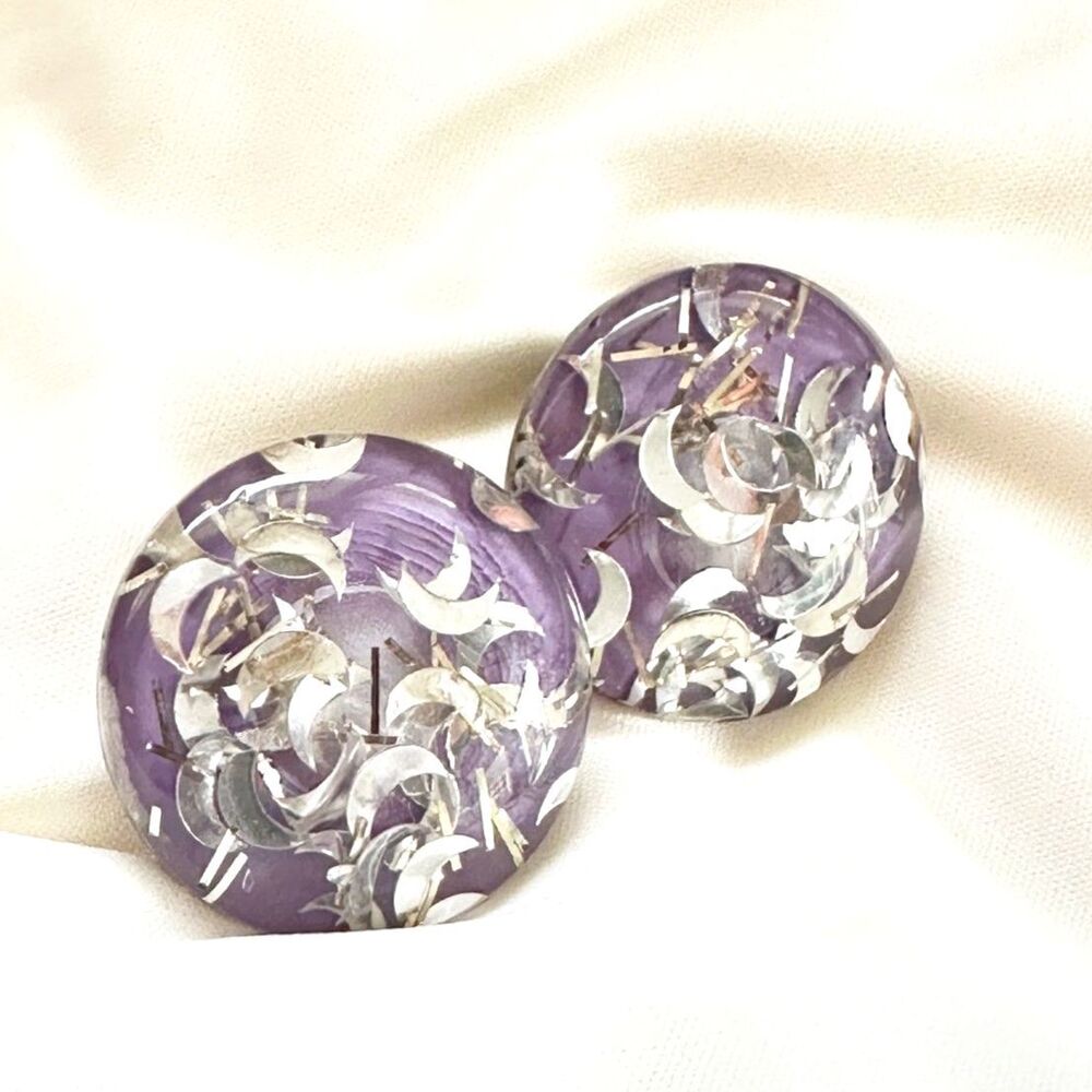 Purple Lucite Confetti Earrings Silver Moon Celestial